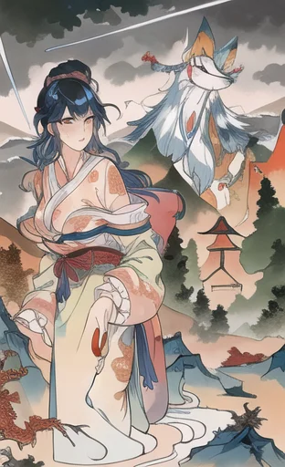masterpiece,best quality, (Highest picture quality), (Master's work),(8K wallpaper),(Detailed face description), extremely detailed, perfect lighting,highres,reality ray tracing, Fuji Mountain,raining,standing,closeup, portrait, bra, breast,looking back 1girl,young wet girl,blue wet hair,wet fox ears,white transparent kimono, <lora:Xiaorenshu_v20:1>