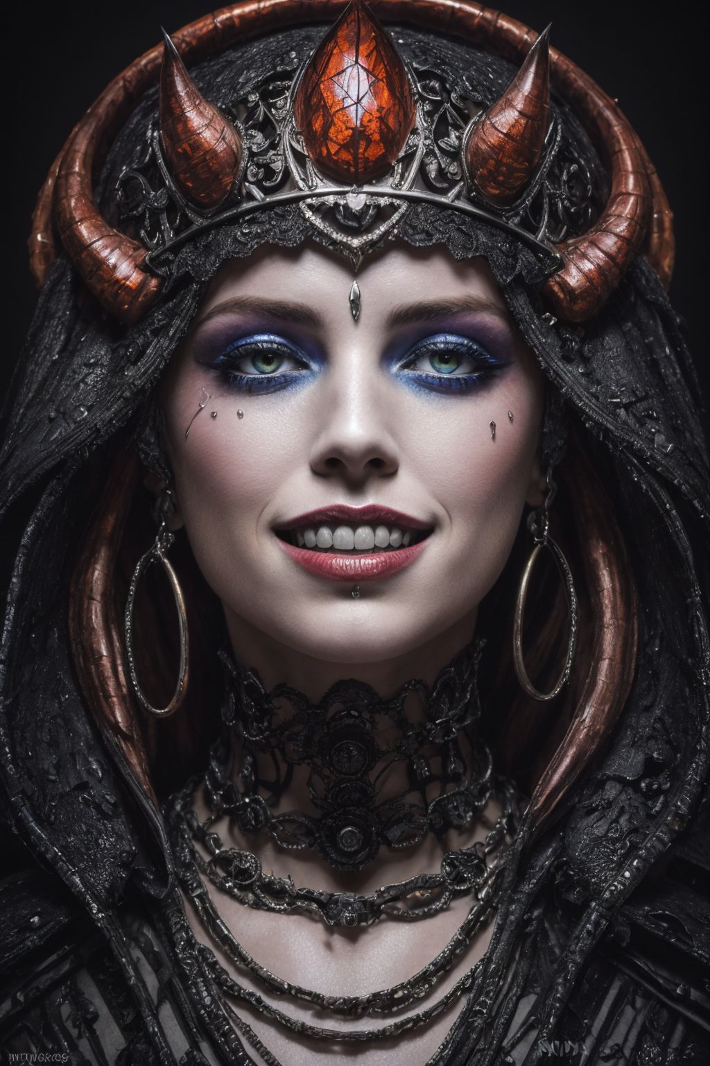8K, highly detailed, digital photography, painting, medium shot of a (underworld queen) , Nikon d850, F/8, dripping Psychedelic, diabolic smile, satanic, on the edge, cracked personalty, intricate, sharp focus, perfect lighting, perfect shading, hdr, (photorealistic:1.4)