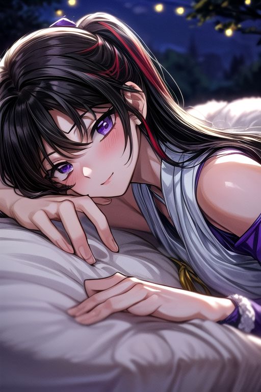best quality 1girl Setsun4 solo long hair,  (night time) forest background black hair very long hair purple eyes multicolored hair armor, small, (fur trim) (medium body),<lora:EMS-179-EMS:0.800000>,<lora:EMS-293862-EMS:0.800000> bow, hair_bow, hair_tubes, red_bow, brown_hair, long_hair, bangs, ascot, frilled_bow, yellow_ascot, blush, smile, hair_between_eyes, athletic, armor, miko, ,(((intricate outfit,intricate clothes,embroidered outfit,ornate outfit,embroidered clothes,ornate clothes))), laying down, lying down