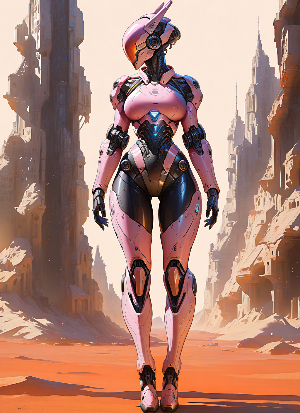 masterpiece, best quality, newest, absurdres, highres, painting, mcnm, cyborg, large breasts, robotic intricate helmet, pink armor, full body, desert city, simple background, detailed, <lora:Mechanism-Illustious:1.0>