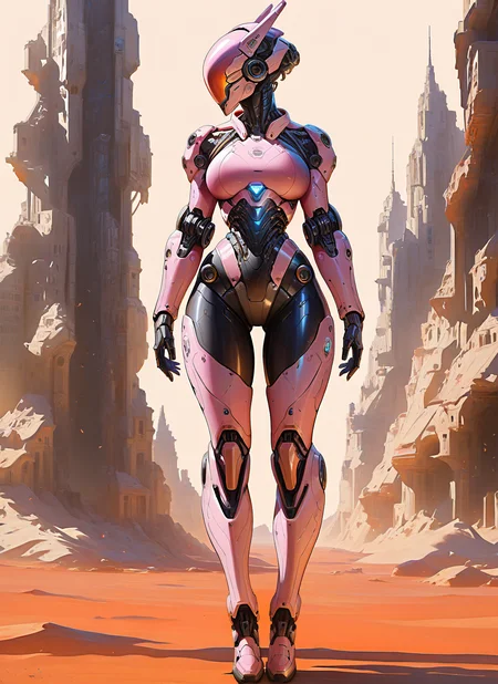 masterpiece, best quality, newest, absurdres, highres, painting, mcnm, cyborg, large breasts, robotic intricate helmet, pink armor, full body, desert city, simple background, detailed, <lora:Mechanism-Illustious:1.0>
