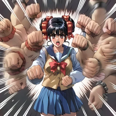 ASCII 1girl,<lora:pony_xl_narusawa:0.8>,narusawa,score_9,score_8_up,score_7_up,source_anime,black hair,
solo,
looking at viewer,school uniform,long sleeves,vest,pleated skirt,plaid skirt,socks,loafers,cowboy_shot,
serafuku,fighting_stance,
cute,
<lora:rushpunchXLpony002>,
rushpunch,punching,multiple hands,fists,clenched fists,(motion_blur:1.2),(motion line:1.1),speed_lines,