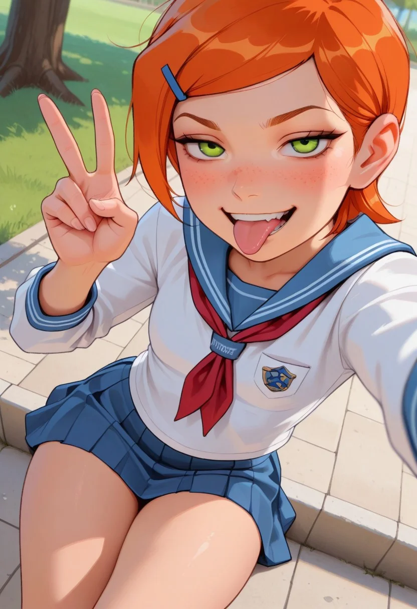 masterpiece, best quality, good quality, very aesthetic, absurdres, newest, 8K, depth of field, focused subject, mythp0rt,
stylized, wabi sabi,
1girl, gwentennyson, orange hair, short hair, green eyes, messy hair, freckles, cute,
smug, mouth open, tongue out,
petite body, small waist, curvy, thighs, shapely legs,
small breasts,
school uniform,
dynamic angle, selfie, peace sign,
park,