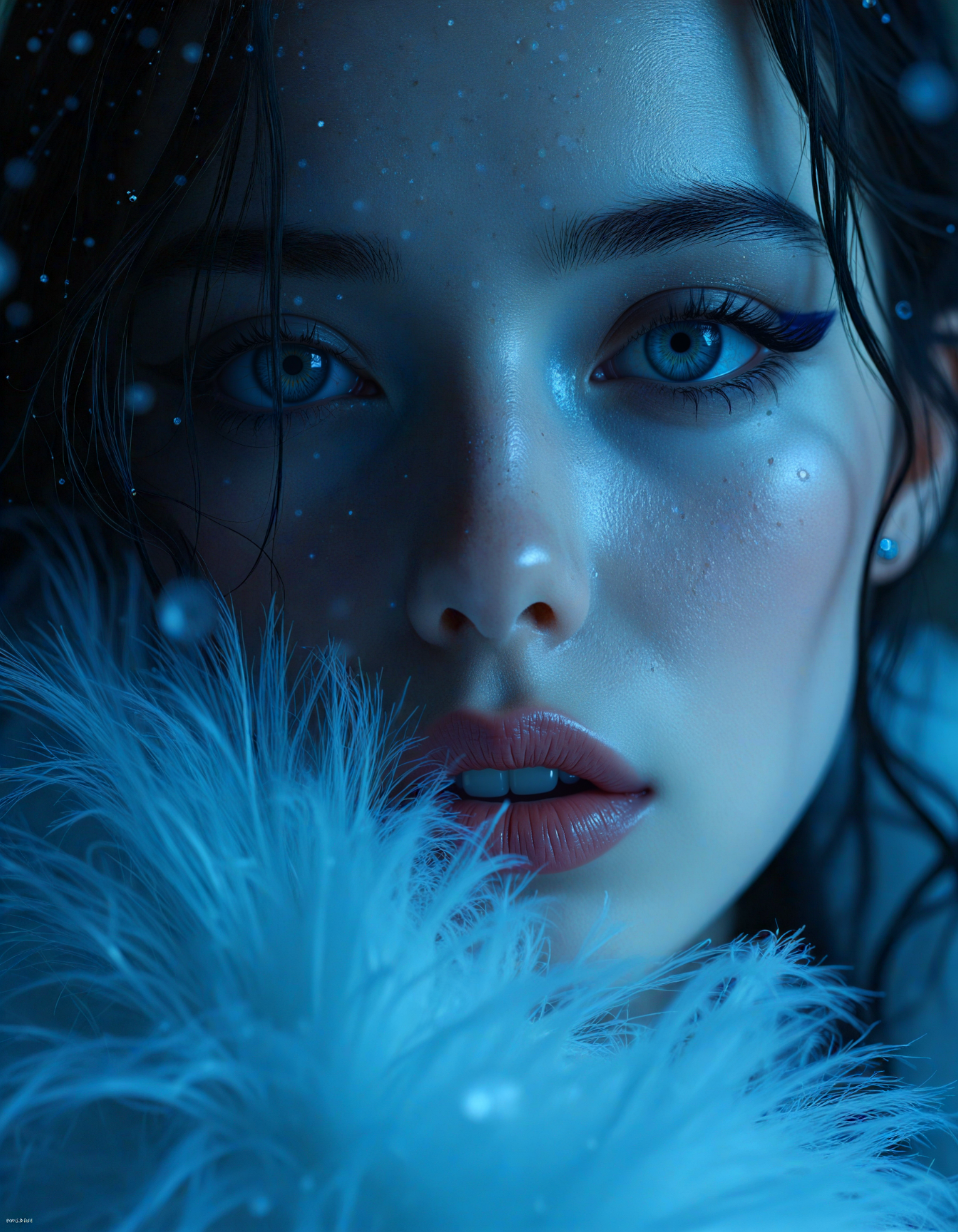 Bubble Bobble style (dark mood masterpiece Photography:1.2), portrait of a mysterious Snow Queen, with blue eyes and dark make up, dark eyeliner, she has sensuous lips, looking seductively, naughty. The extreme realism focuses on her detailed skin, showing fine textures and natural highlights. photography masterpiece, modern, irresistible beauty, fuzzy lighting, dark mood, unusual composition, use of negative space, (rule of thirds composition), simmetry, mysterious, emotional, flirting, groundbreaking unrivaled opus with unrivaled details, (Carolina Blue color scheme), highly detailed, melancholic, low-light hyper detailed photography, catchlights, extremely high-resolution details, photographic, realism pushed to extreme, fine texture, incredibly lifelike, full body shot,style by luis royo . 8-bit, cute, pixelated, fantasy, vibrant, reminiscent of Bubble Bobble game