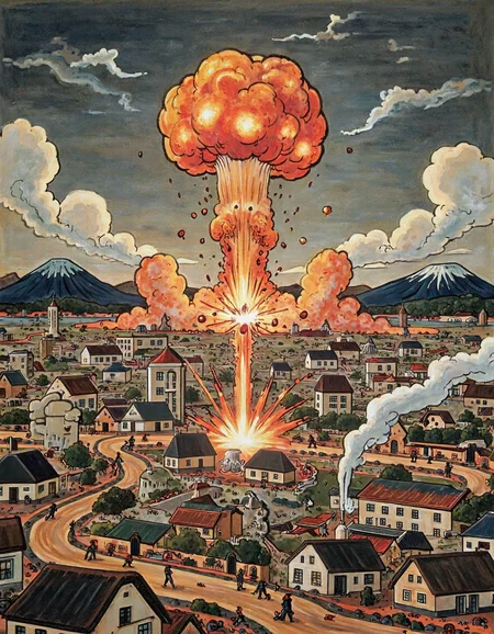 (painting in style of Josef Lada.) 
Nuclear explosion in the center of the Japanese city. Dramatic a horrifying scene of nuclear bomb explosion.
<lora:joseflada:0.8>