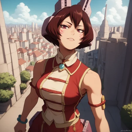 <lora:SlimesMandalay-000005:1>, score_9, score_8_up, score_7_up, slimes_mandalay, woman, solo, waist up, city background, straight on POV
