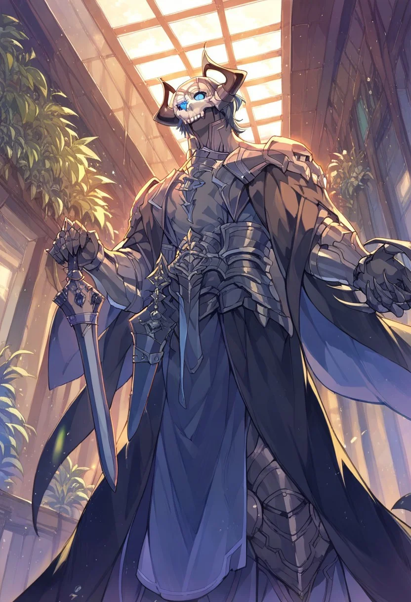 score_9, score_8_up, score_7_up, score_6_up, source_anime, 1boy, male focus <lora:mbyleth-pdxl-nvwls-v1-000005:1> defmByl, dark blue hair, short hair, blue eyes, hair between eyes, 1boy, armor, full armor, knight, skull, mask, horns, pauldrons, holding sword, from below, glowing eyes, holding sword, looking at viewer,  indoors, spacecraft interior, plant <lora:First_Hassan:1>, score_9, score_8_up, score_7_up, score_6_up, score_5_up, score_4_up, BREAK source_anime, masterpiece,