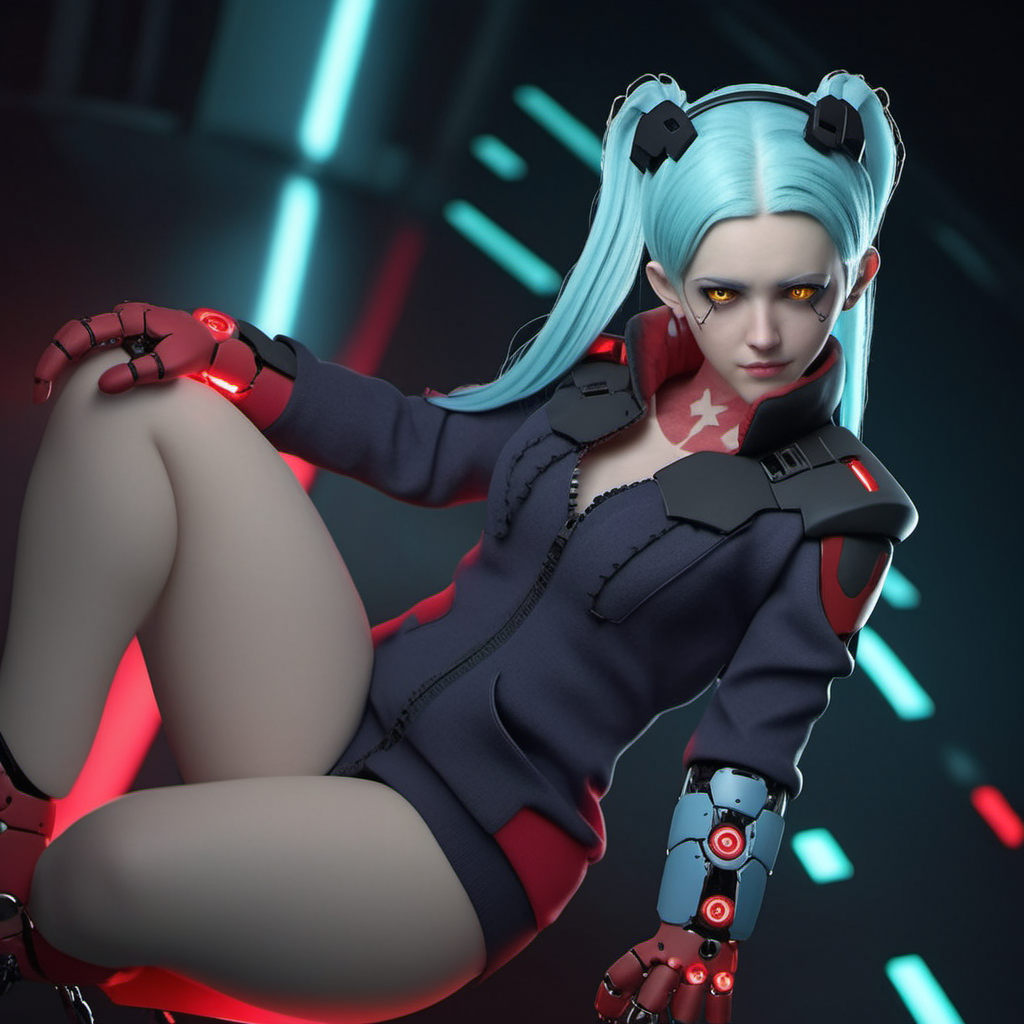 a woman, ligh blue hair, long pigtails, red tatttoos, wears a jacket, headphones, robotic big fists,  cyberpunk background, highly detailed, photography, ultra sharp, film, bokeh, professional, 64k <lora:Rebecca1024:0.8>
