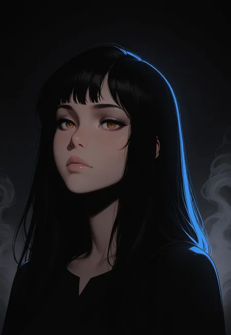 HDR, 8K, high contrast, masterpiece, best quality, amazing quality, very aesthetic, realistic, newest, volumetric lighting, (artist:incase:0.5), (artist:tsuaii:0.5), (flat colors:1.5), 1girl, solo, dark long hair, light and shadow, smoke atmosphere, close up portrait