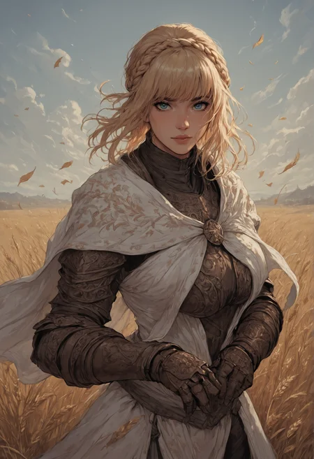 score_9, score_8_up, score_7_up, score_6_up, score_5_up, score_4_up,
1girl, portrait, gorgeous girl, wind, leaves, dark, wheat field, godrays, NeedleKnightLeda, blue eyes, yandere, evil, blonde hair, bangs, crown braid, plate armor, (big breasts:1.15), white cape, breastplate, Knight, gloves, gauntlets, shoulder armor, black pants, volumetric lighting
<lora:NeedleKnightLeda_XLPD:0.8>::0.35
<lora:Maly_Fantasy_ArtStyle:0.95>