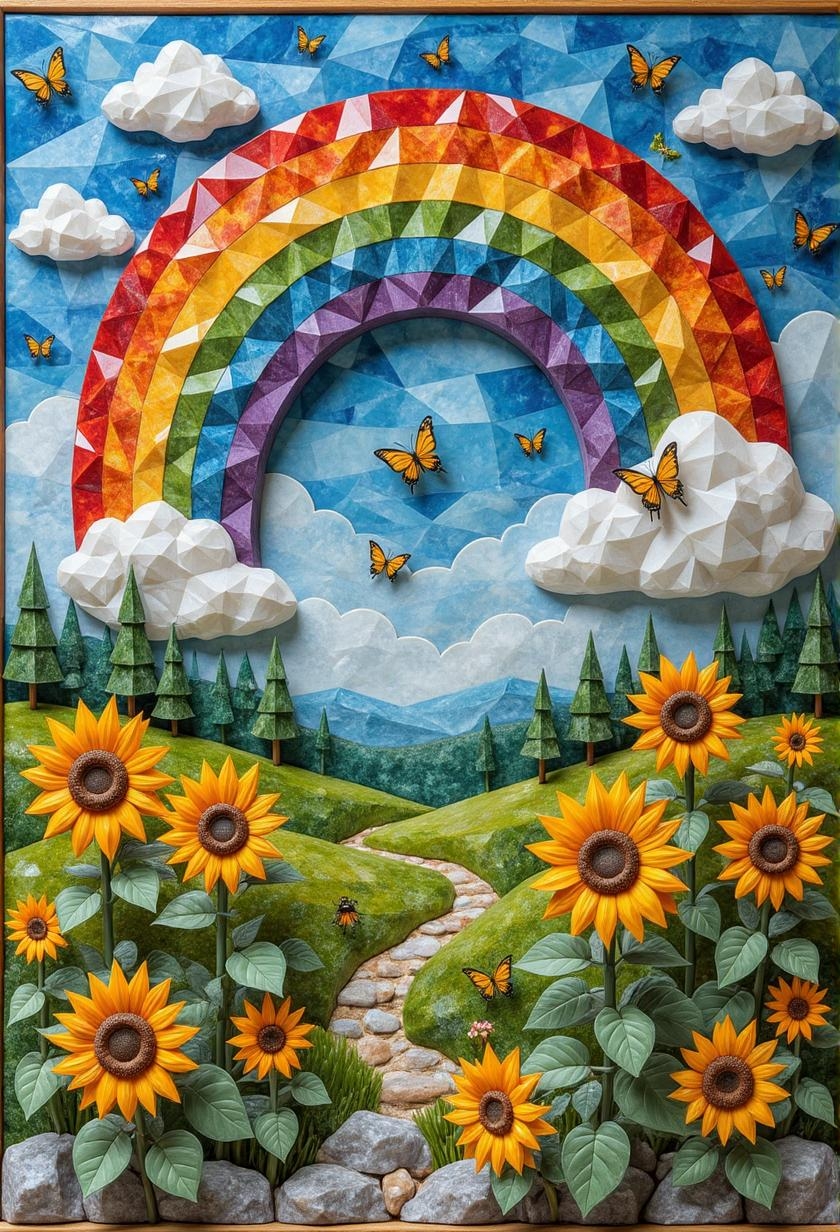 <lora:ck-polygon-gems-0019.safetensors:1> a crafted gemstone model in the style of cklg featuring a
I am transported to a whimsical realm by this extraordinary quilted artwork. A majestic rainbow dominates the scene, its intricate patterns and vibrant hues drawing the eye across the fabric. Sunflowers stand tall amidst a tapestry of color and texture, with butterflies and bees flitting about in a delicate dance. The entire piece is a masterclass in craftsmanship, imbuing each element with a tactile quality that invites exploration. The result is a multidimensional experience that reimagines a familiar setting as something entirely new.
