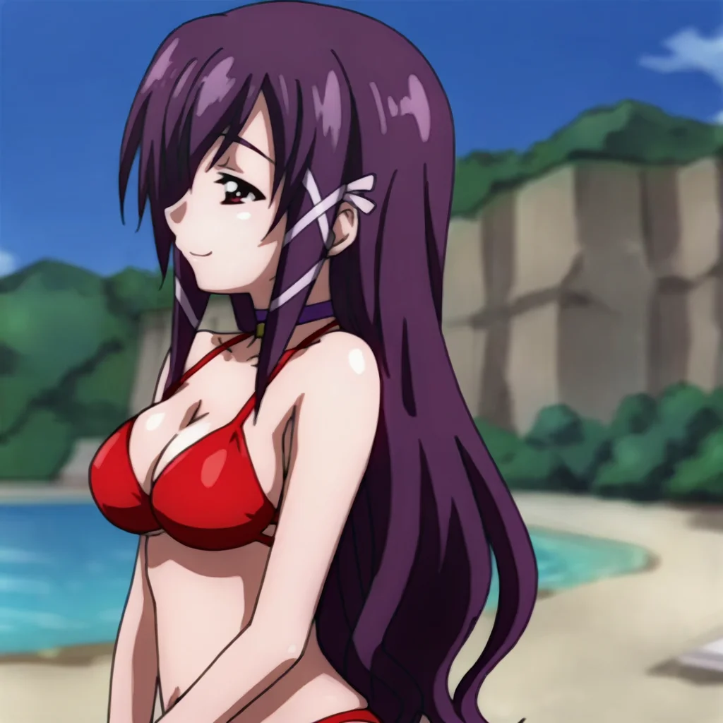 <lora:Mikako_pony_v1:.8>MikakoRedBikini, 1girl, long hair, medium breasts, swimsuit, bikini, purple hair, choker, cowboy shot