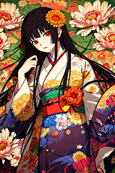 Enma Ai, 1girl, chrysanthemum, flower, solo, japanese clothes, long hair, kimono, yellow flower, butterfly, hair spread out, purple flower, sash, floral print, black hair, bug, red eyes, lying, obi, orange flower, bangs, on back, kikumon, spider lily, pink flower, colorful, red flower, blunt bangs, blue flower, looking at viewer, parted lips, butterfly print, print kimono, long sleeves, crane \(animal\), pale skin, wide sleeves, from above, <lora:Enma Ai:0.8>