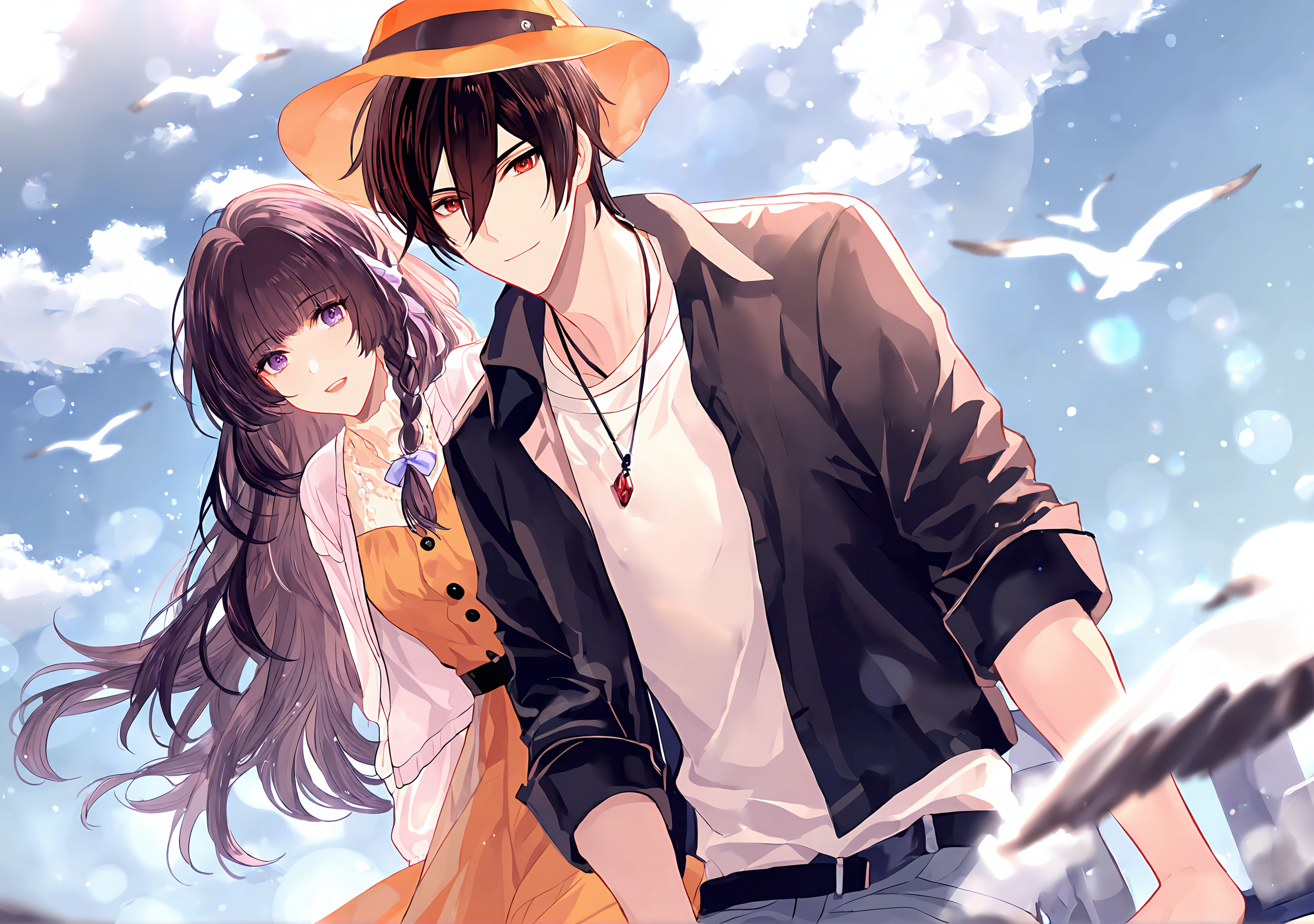 masterpiece,best quality,<lora:fat-noob05:1>,
lovebrush chronicles, heroine (lovebrush chronicles), ayn alwyn, 1girl, 1boy, hat, black hair, sky, red eyes, long hair, jacket, bird, braid, outdoors, cloud, smile, blue sky, open mouth, shirt, jewelry, belt, day, necklace, dress, purple eyes, brown headwear, bangs, white shirt, :d, looking at viewer, hair bow, bow, holding, long sleeves, short hair, orange dress, lens flare, orange headwear, sweater, orange shirt, seagull, closed mouth, sitting, black jacket, brown hair, white jacket