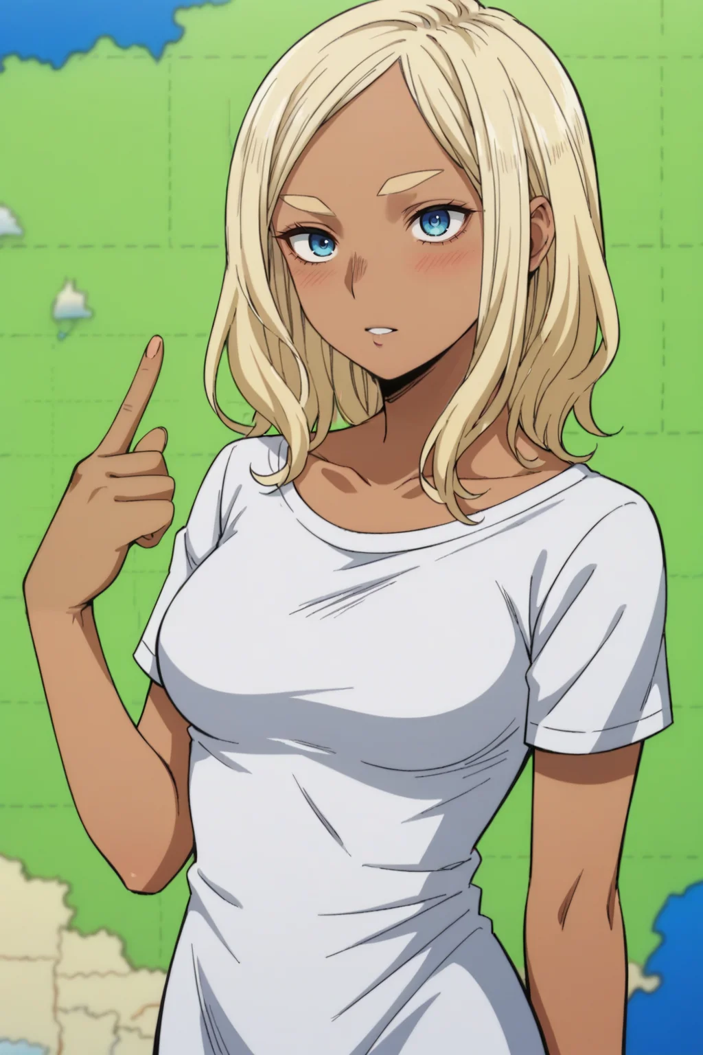 score_9, score_8_up, score_7_up, 1girl, prefect lighting, very aesthetic, intricate details, highly detailed background, masterpiece, high quality, prefect hands, best quality, solo, source_anime,
<lora:Meryl_MHA_V1:.85>, KJOmeryl, blonde hair, blue eyes, dark-skinned female, medium hair, thick eyebrows,
white dress, short sleeves,
expressionless, pointing at self, head tilt, blush, parted lips,
news, map,
(Beautiful, medium Breasts:1.2), natural breasts,