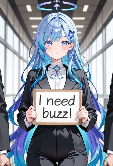 (masterpiece:1.2), (best quality:1.2), (absurdres:1.2), (high quality:1.2), (detailed:1), , anime coloring, anime screencap, 1girl, female, halo, medium_breast, long flowing light black hair, pastel blue highlights and gradient hair, side-swept bangs, beautiful eyes and hair, (almond eyes, slant eyes:1.2), (hand holding sign, "Need buzz":1.2), mature, standing, detailed office background, business suit, pant, detailed eyes, high detail eyes, multicolored iris, detailed iris, full lashes, Manhwa style,Bright colors, Contour line, pale painting, sprite, easynegative, VtuberXL,, virtual youtuber, solo focus, looking at viewer, dynamic pose, genshinportrait, sketch, portrait, holding sign, "Need buzz"