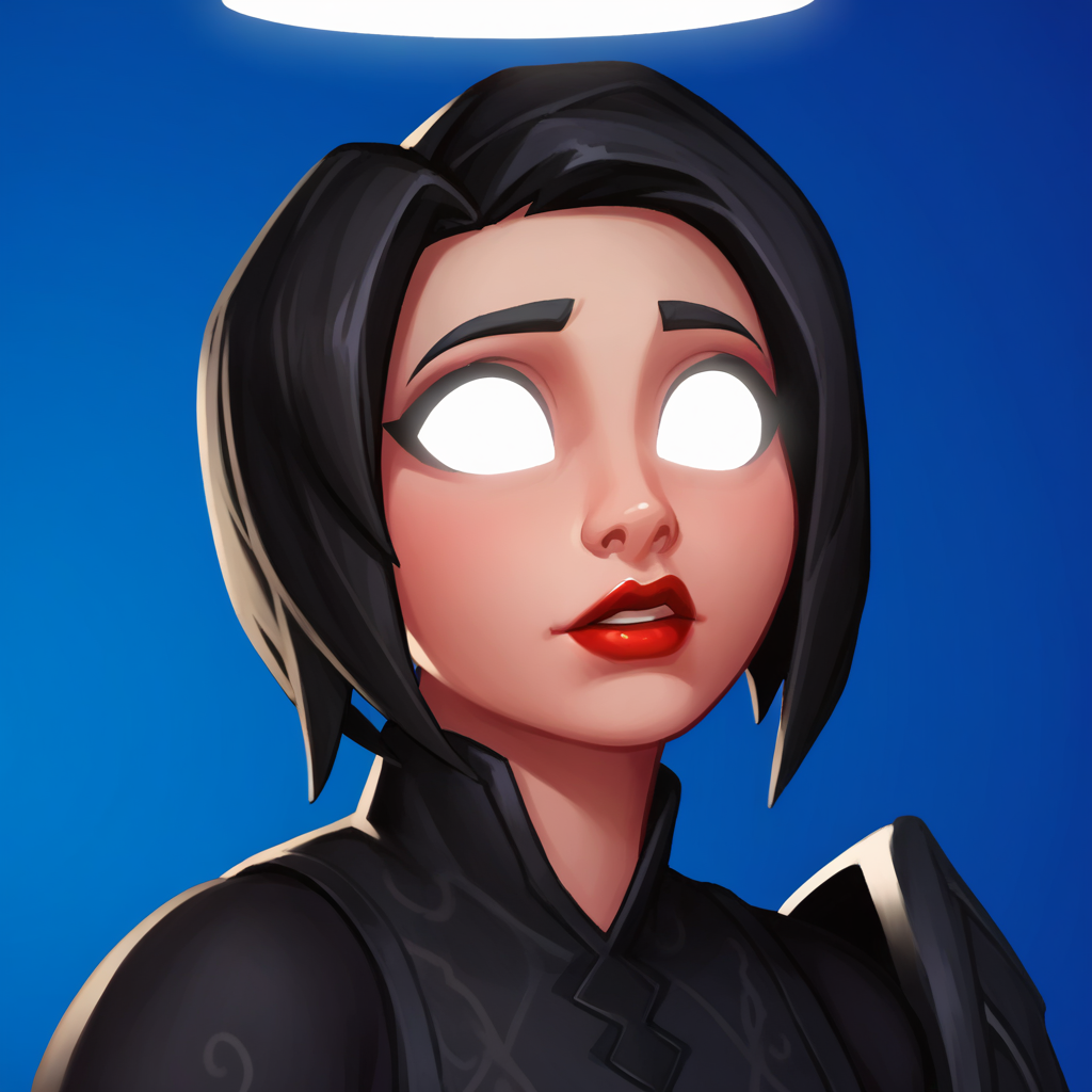 Ugly score_9_up, score_8_up, BREAK, ark_Shadow, 1girl, solo, black hair, short hair, no pupils, glowing eyes, lipstick, halo, black dress, upper body, <lora:Ark_Fortnite_PXL_Leaf1-000010:1>, gradient background, blue background,