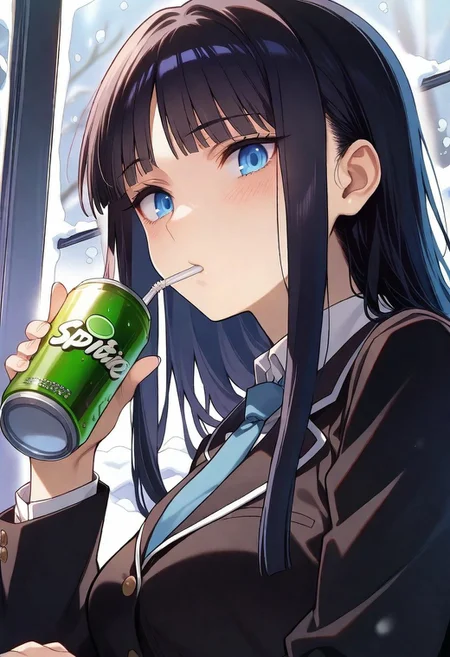 1girl, solo, touma_kazusa, narrow mouth, full lower lip, blue eyes, black hair, long hair, very long sidelocks, blunt bangs, black jacket, blue necktie, collared shirt, houjou_high_school_uniform, looking at viewer, holding soda can, sprite \(drink\), drinking straw, upper body, indoors, window, snow, from below, from side, masterpiece, best quality, very aesthetic