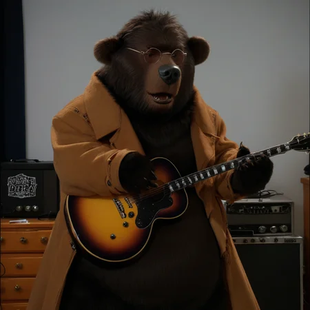 ted bedderhead, big bear, tall, dark brown fur, belly, standing tall, glasses, black nose, wearing coat, playing a guitar, in a music hall
