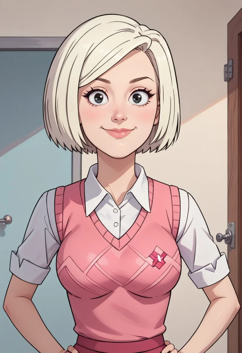 ((room background)),score_9, score_8_up, score_7_up,score_6_up,
1girl, solo, Audrey_RS, light skin, black eyes, light blonde hair, short hair, bob haircut, white short-sleeved shirt with collar, deep pink sweater vest, dark pink skirt, cyan flat shoes, big eyes, cute, tall stature, social smile, perfect eyes, perfect smile, looking at the viewer, detailed eyes, perfect eyes, standing, big breasts (front pose, front view, bust shot) five fingers, perfect hands, hands on hips
