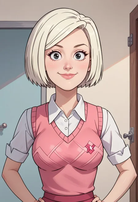 ((room background)),score_9, score_8_up, score_7_up,score_6_up,
1girl, solo, Audrey_RS, light skin, black eyes, light blonde hair, short hair, bob haircut, white short-sleeved shirt with collar, deep pink sweater vest, dark pink skirt, cyan flat shoes, big eyes, cute, tall stature, social smile, perfect eyes, perfect smile, looking at the viewer, detailed eyes, perfect eyes, standing, big breasts (front pose, front view, bust shot) five fingers, perfect hands, hands on hips