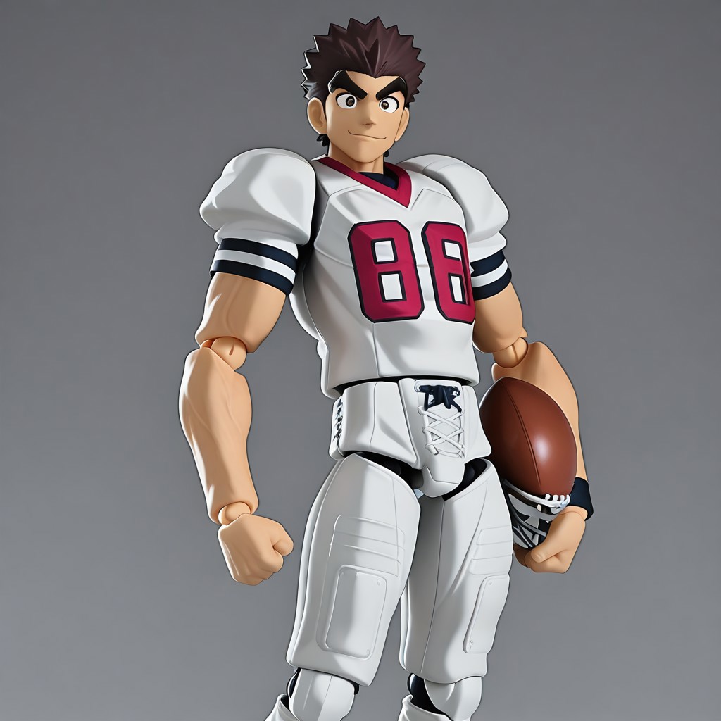 figma, figure anime style, PVC, Yaoi figure PVC, PVC boy, PVC texture, male, High Quality, perfect anatomy, HD, anime style, break
TAROU RAIMON, 1boy, solo, alone, brown hair,  thick eyebrows, dark brown eyes, muscular bíceps, Big bíceps, muscle arms, Big pecs, Big chest, flexing bíceps, athletic build, smiling, posing, looking at viewer, football uniform, tight uniform, red and white uniform,