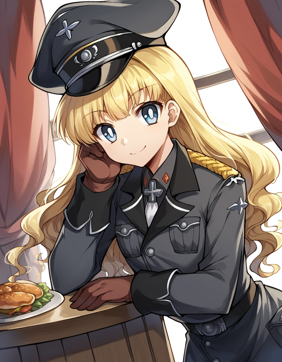 score_9, score_8_up, score_7_up, source_anime, <lora:retia-adolf-ponyxl-lora-nochekaiser:1>, retia adolf, blue eyes, blonde hair, wavy hair, bangs,, gloves, hat, military uniform, peaked cap, zettai ryouiki,, restaurant, laughter, good food, warm lighting, celebration, smile, , leaning forward, smile,, solo,, cowboy shot, dutch angle