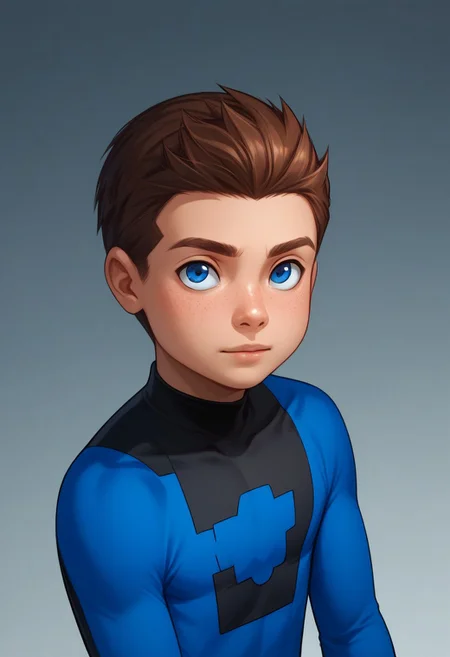 score_9, score_8_up, score_7_up, highly detailed, cute boy, 1boy, solo, young, Jack Power, Blue Eyes, Brown Hair, Freckles, Mass Master, Blue and Black Bodysuit, excessive fog