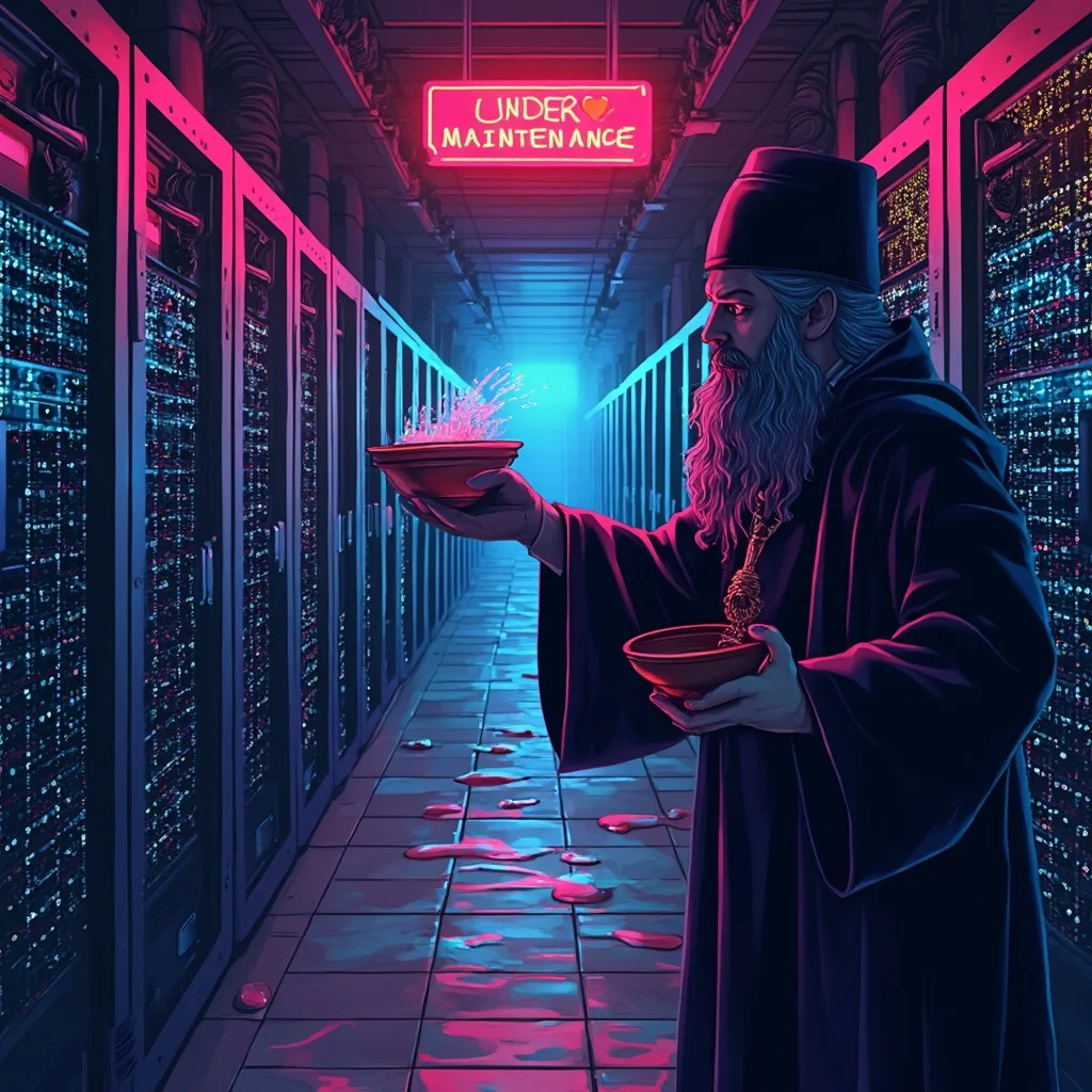 Vibrant neon art depicting a server room with an askew ‘Under Maintenance: Please wait’ sign, a bearded greek orthodox priest is flinging holy water from a bowl on the servers.