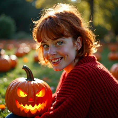 The photograph in question is a stunning production still, capturing a young woman with short red hair, dressed in a textured red wool sweater, sitting in a London garden during a sunny Halloween day.  She is holding a terrifying-looking carved pumpkin, with a red glowing from inside, in her hand.  The photograph is shot on 35mm film, providing a timeless and classic quality to the image. The lens used is sharp, rendering every detail of the scene with crisp clarity.
The photograph is taken from a low angle, looking up at the subject, creating a sense of intimacy and vulnerability. The close-up shot focuses on the subject's face and upper body, with a side profile view that showcases her candid smile and the warmth in her expressive eyes. Her green eyes are the focal point of the image, catching the light in a way that is both appealing and alluring.
The garden surrounding the subject is daytime autumn garden, with carved pumpkin all around, providing a natural and organic backdrop to the scene. The sunlight filters through the garden, casting a warm and inviting light on the subject's face. The professional lighting and color grading of the photograph enhance the clean and sharp film look, with even lighting that highlights the subject's light freckles, natural skin imperfections, and visible skin pores.
Overall, the photograph is a beautiful and evocative image that captures the spirit and personality of the young woman in a candid and authentic way. The combination of the 35mm film, sharp lens, low angle, and close-up shot creates a stunning visual that is both timeless and modern, making it a perfect production still for a movie.