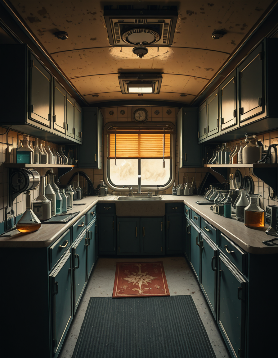 The interior of an old RV converted into a clandestine drug laboratory, inspired by the TV series Breaking Bad. The space is cramped and messy, filled with scientific equipment, glass beakers, flasks, burners, chemical containers, and lab tools scattered around. The walls are aged and stained, with peeling wallpaper and old metallic cabinets. A small sink area is cluttered with dirty lab glassware. The lighting is dim and tinted yellow, with sunlight barely filtering through dusty blinds. The floor is grimy, with a mix of rubber mats and worn carpet. The overall atmosphere is tense and gritty, capturing a sense of secrecy and danger. Hyper-realistic style, cinematic composition, rich in textures and shadows.
<lora:SDXLFaeTastic2400:0.4> <lora:extremely_detailed:0.4> extremely detailed,old RV drug l4b0r4t0ry, <lora:old_RV_drug_l4b0r4t0ry-i:1>, Masterpiece,best quality,hi res,8k,hi res,8k,award winning,(sharp focus, intricate, highly detailed),