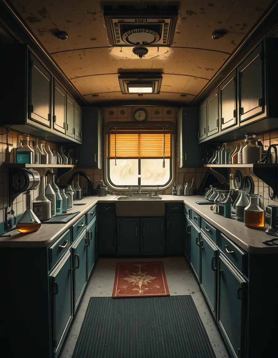 The interior of an old RV converted into a clandestine drug laboratory, inspired by the TV series Breaking Bad. The space is cramped and messy, filled with scientific equipment, glass beakers, flasks, burners, chemical containers, and lab tools scattered around. The walls are aged and stained, with peeling wallpaper and old metallic cabinets. A small sink area is cluttered with dirty lab glassware. The lighting is dim and tinted yellow, with sunlight barely filtering through dusty blinds. The floor is grimy, with a mix of rubber mats and worn carpet. The overall atmosphere is tense and gritty, capturing a sense of secrecy and danger. Hyper-realistic style, cinematic composition, rich in textures and shadows.
<lora:SDXLFaeTastic2400:0.4> <lora:extremely_detailed:0.4> extremely detailed,old RV drug l4b0r4t0ry, <lora:old_RV_drug_l4b0r4t0ry-i:1>, Masterpiece,best quality,hi res,8k,hi res,8k,award winning,(sharp focus, intricate, highly detailed),
