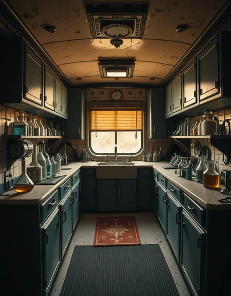 The interior of an old RV converted into a clandestine drug laboratory, inspired by the TV series Breaking Bad. The space is cramped and messy, filled with scientific equipment, glass beakers, flasks, burners, chemical containers, and lab tools scattered around. The walls are aged and stained, with peeling wallpaper and old metallic cabinets. A small sink area is cluttered with dirty lab glassware. The lighting is dim and tinted yellow, with sunlight barely filtering through dusty blinds. The floor is grimy, with a mix of rubber mats and worn carpet. The overall atmosphere is tense and gritty, capturing a sense of secrecy and danger. Hyper-realistic style, cinematic composition, rich in textures and shadows.
<lora:SDXLFaeTastic2400:0.4> <lora:extremely_detailed:0.4> extremely detailed,old RV drug l4b0r4t0ry, <lora:old_RV_drug_l4b0r4t0ry-i:1>, Masterpiece,best quality,hi res,8k,hi res,8k,award winning,(sharp focus, intricate, highly detailed),