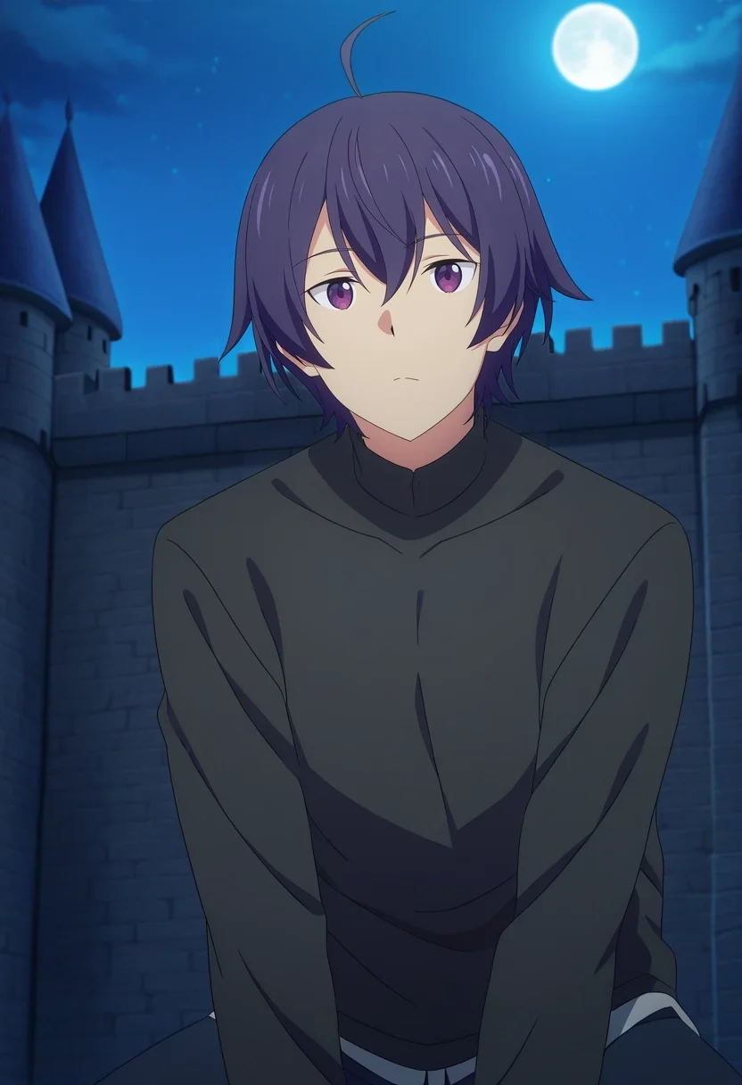 masterpiece, best quality, , anime screencap, anime coloring, official style,, 1boy, solo, male focus, <lora:shin_wolford_ilxl:0.92>, shin_wolford, purple hair, purple eyes, short hair, ahoge, hair between eyes, , upper body, castle, night, full moon, kneeling, relaxed,