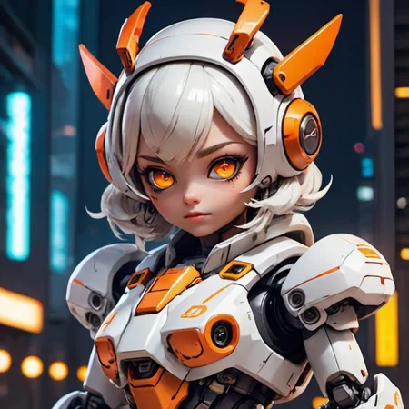upper body,portrait,chibi,robot,the background is a city night view with cyberpunk style,white orange armor,white shimmering hair,steel wings with a metallic texture,neon light,8K,RAW,best quality,masterpiece,ultra high res,colorful,(medium wide shot),(dynamic perspective),sharp focus,depth of field,extremely detailed eyes and face,beautiful detailed eyes,large breasts,(black gold, trimmed gear:1.2),(In a futuristic weapons factory:1.2),<lora:chibi:0.7>,