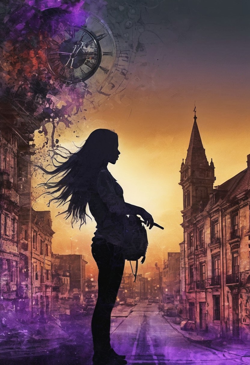a world inside me, street, epic fantasy, dark fantasy, gritty, real, graffiti, long hair, (((silhouette))), expressionism art, fractals, stopwatch, deep purple and gray, at dusk, cinecolor, (dimmed colors:1.1), hdr, mentixis, linquivera