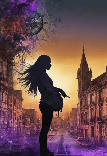 a world inside me, street, epic fantasy, dark fantasy, gritty, real, graffiti, long hair, (((silhouette))), expressionism art, fractals, stopwatch, deep purple and gray, at dusk, cinecolor, (dimmed colors:1.1), hdr, mentixis, linquivera