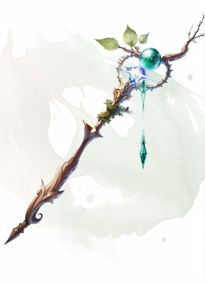 MagicItem_v1 <lora:MagicItem_v1:1> (wand), white background, wooden wand, ivy, leaves, green particles, nature magic, druid wand, masterpiece, professional quality