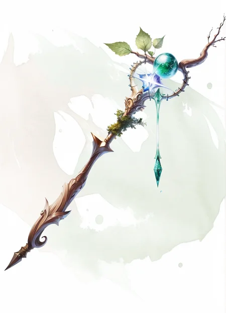 MagicItem_v1 <lora:MagicItem_v1:1> (wand), white background, wooden wand, ivy, leaves, green particles, nature magic, druid wand, masterpiece, professional quality