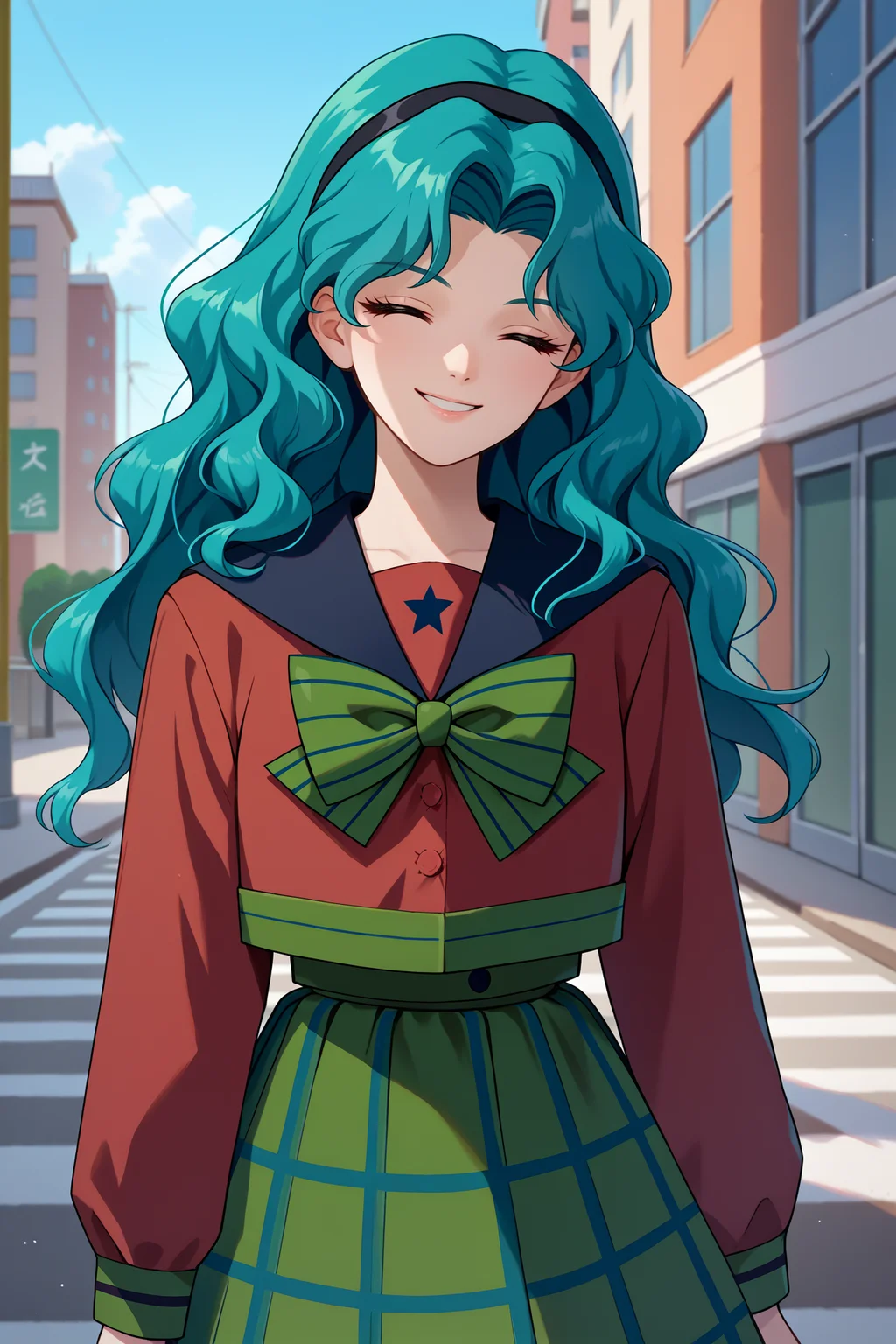 score_9, score_8_up, score_7_up, score_6_up, source_anime, 1girl, solo, <lora:sailorneptune-pdxl-nvwls-v1-000005:1> slrnp, cyan hair, long hair, wavy hair, hairband, black sailor collar, red shirt, long sleeves, green bowtie, striped bowtie, school uniform, green skirt, plaid skirt, blue sky, city, walking, looking at you, smile, closed eyes, happy
