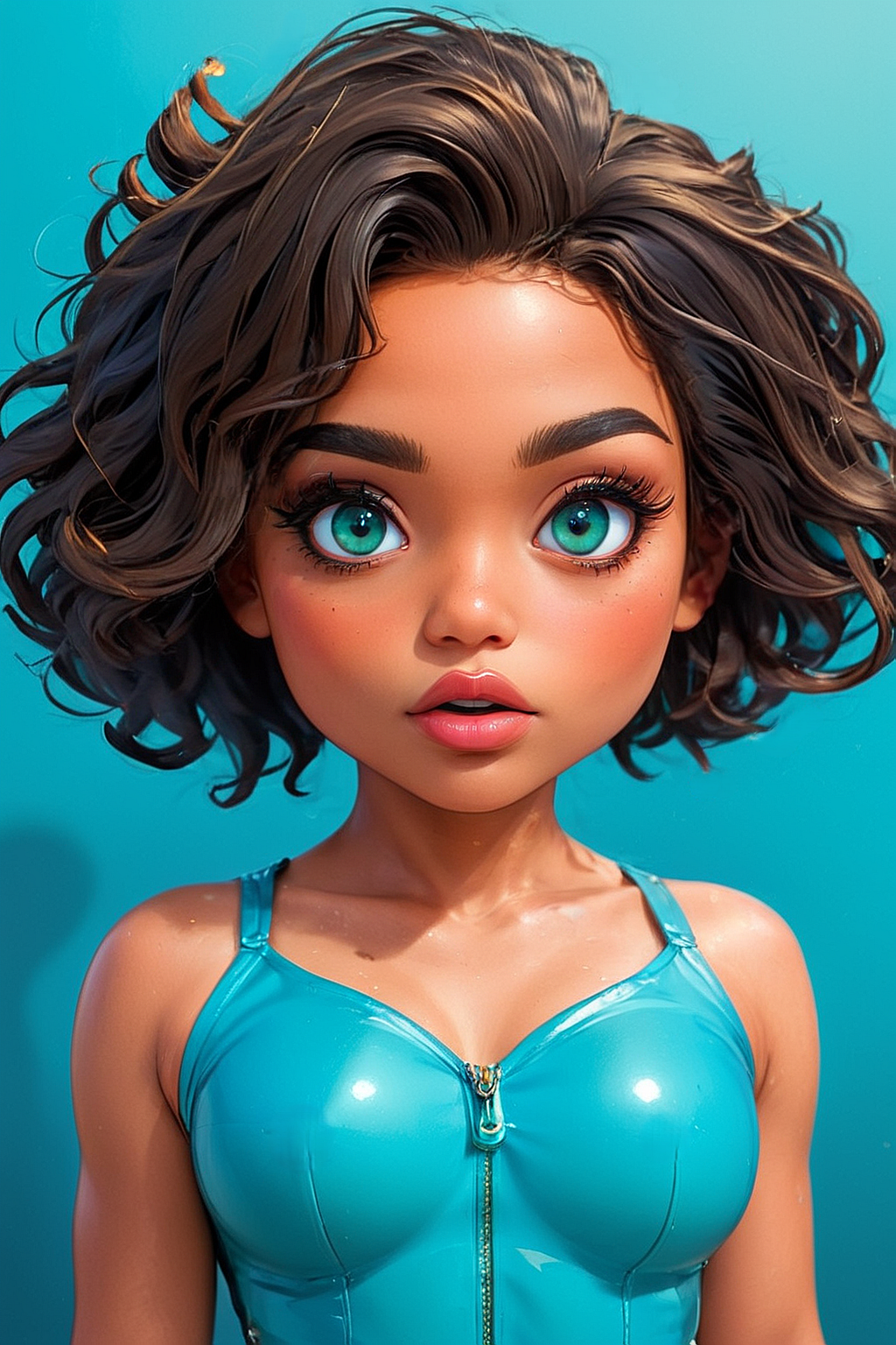 (cel-shading:2)+, (in ARTIST style:1.7), (masterpiece:1.7), tender Beauty, looking at viewer,
(somechibi, chibi, gorgeous 1girl, light dark skin, solo, masterpiece, 8k, HDR,), light tan, striking huge teal eyes filled with joy and excitement, extravagant eyelashes, aligned eyes, (extra long lashes:2),
character concept art of a beautiful woman, t-shirt, seductive, curly long hair, luscious lips, puffy lips,
comic book art, rough colored sketch, (simple background),
<lora:Someplastic_V2:0.8>, (ultra sharp focus:1.8), (detailed skin:1.8), (thin lines:1.8), (best quality:1.8),
<lora:glowneon_xl_v1:0.6>,
<lora:SomeChibi_Chibi_Style:1>,