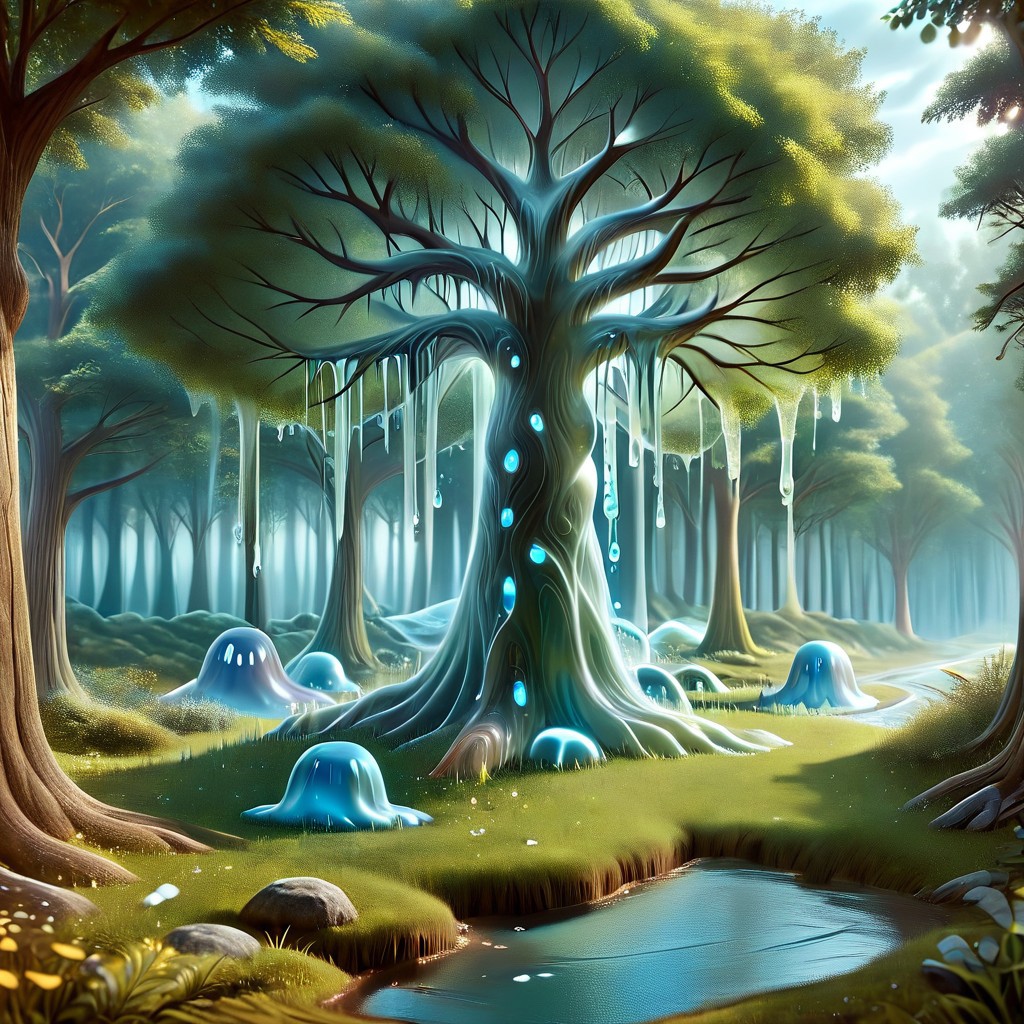 a forest made out of slime, dense-forest, Yggdrasil, a vast tree made out of slime, A large tree made out of slime, brown slime tree, translucent tree, transparent tree, 
everything made of slime, No simple background, ((slime tree)), detailed leaves, detailed bark texture, 
overcast sky, natural light, no bright spots, 
((translucent slime)), ((transparent slime)), (bioluminescent slime), sl1m3, slime, slime-morph, ais-blmn, saturated colors, no creatures, no monsters, no pokemon, scenery only, scenery, ral-lava, watce