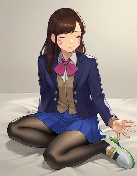 zPDXL, score_9, score_8_up, score_7_up, source_anime, 1girl, solo, (portrait),
 <lora:Yomu_v1:1> y0mu, D.Va, brown hair, long hair, (closed eyes:1.2), smile, twisted torso, blazer, tailored-skirt, oxford-shoes, sheer-black-pantyhose,
