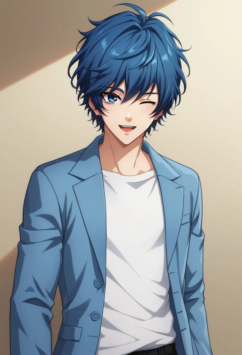 score_9, score_8_up, score_7_up, source_anime, highly detailed,
nanahoshi, 1boy, male focus, blue hair, solo, jacket, blue jacket, pants,
blue eyes, torn clothes, shirt, jewelry, torn pants, smile, open mouth, looking at viewer,
idol, white shirt, standing, upper body, one eye closed,
indoor,