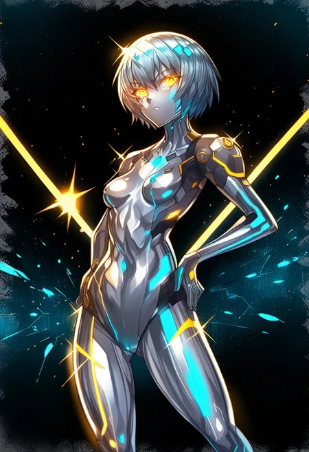 score_9, score_8_up, score_7_up, score_6_up, score_5_up, score_4_up, 2D, ibenz,
BREAK
1girl, liquid mercury, solo,
silver body, short hair, silver hair,
((yellow lines, yellow eyes, glowing eyes)), ((petite, small breasts, short height)),
confident pose, hands on hips,
(cyberspace) black background, blue energy lines, blue code, detailed background,