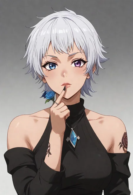 score_9, score_8_up, score_7_up, source anime, prefect lighting, very aesthetic, BREAK, anime screencap.
1girl, blue flower, hair ornament, long sleeves, upper body, rose, flower, jewelry, purple rose, blue eyes, purple eyes, flower tattoo, short hair, black nails, white hair, blue rose, tattoo, arm tattoo, blue nails, off shoulder, nail polish, black flower, bare shoulders, hair flower, solo, blue gemstone, gem, purple flower, black rose, multicolored nails, black shirt, looking at viewer, heterochromia, shirt, ring, off-shoulder shirt
(white background, gradient background:1.2).