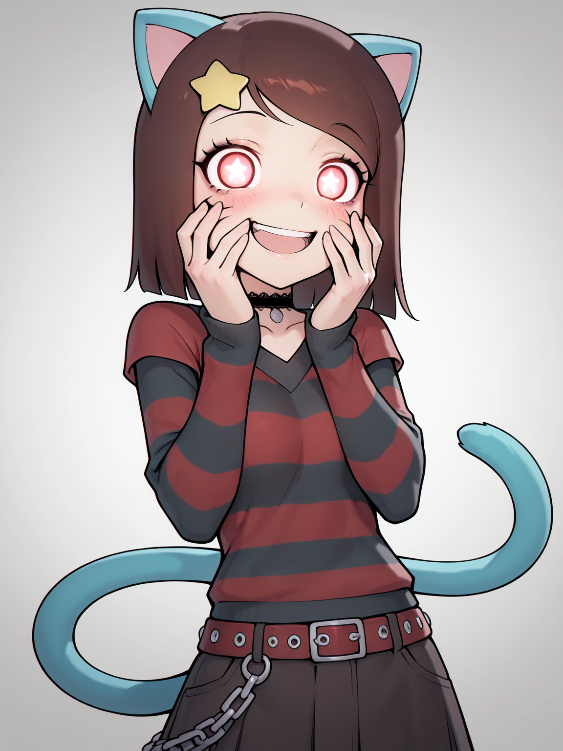 masterpiece, best quality, amazing quality, very aesthetic, absurdres, newest, dynamic_angle, defined facial features, clear picture, white background, 
 <lora:Gumball-Girl_ILv0:0.7> male chest:1.2, gumball-girl, ((((mature body:1.5, mature:1.5, aged up:1.5)))), brown hair, whisker markings, star-shaped pupils, cat ears, cat tail, solo, <lora:emo-fashion-ponyxl-lora-nochekaiser:1> emo fashion, torn sweater, two-tone sweater, sweater under shirt, striped sweater, lace-trimmed choker, belt chain, red sweater, black sweater, goth fashion, yandere trance, yandere, hands on own cheeks, hands on own face, crazy eyes, crazy smile, crazy, glowing eyes, symbol-shaped pupils, hand on own face, open mouth, glowing, blush, looking at viewer, flat chest,
