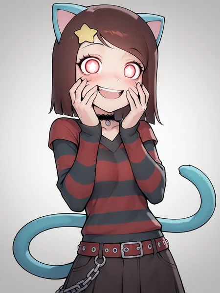 masterpiece, best quality, amazing quality, very aesthetic, absurdres, newest, dynamic_angle, defined facial features, clear picture, white background,
<lora:Gumball-Girl_ILv0:0.7> male chest:1.2, gumball-girl, ((((mature body:1.5, mature:1.5, aged up:1.5)))), brown hair, whisker markings, star-shaped pupils, cat ears, cat tail, solo, <lora:emo-fashion-ponyxl-lora-nochekaiser:1> emo fashion, torn sweater, two-tone sweater, sweater under shirt, striped sweater, lace-trimmed choker, belt chain, red sweater, black sweater, goth fashion, yandere trance, yandere, hands on own cheeks, hands on own face, crazy eyes, crazy smile, crazy, glowing eyes, symbol-shaped pupils, hand on own face, open mouth, glowing, blush, looking at viewer, flat chest,