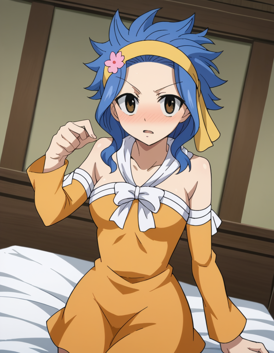 score_9, score_8_up, score_7_up, source_anime,
levymcgarden, <lora:levy-mcgarden-s7-ponyxl-lora-nochekaiser:1>,
levy mcgarden, brown eyes, blue hair, short hair, sidelocks,
hair ornament, dress, bare shoulders, collarbone, flower, detached sleeves, hair flower, strapless, headband, short dress, strapless dress, orange dress,
indoors, bed, bed room, on side, blush, drunk,
looking at viewer, dutch angle, cowboy shot,