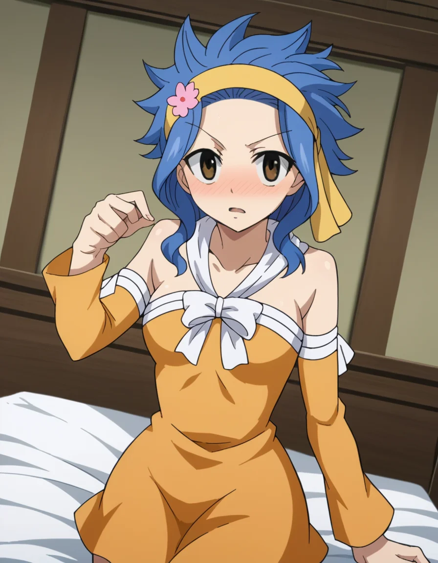 score_9, score_8_up, score_7_up, source_anime,
levymcgarden, <lora:levy-mcgarden-s7-ponyxl-lora-nochekaiser:1>,
levy mcgarden, brown eyes, blue hair, short hair, sidelocks,
hair ornament, dress, bare shoulders, collarbone, flower, detached sleeves, hair flower, strapless, headband, short dress, strapless dress, orange dress,
indoors, bed, bed room, on side, blush, drunk,
looking at viewer, dutch angle, cowboy shot,